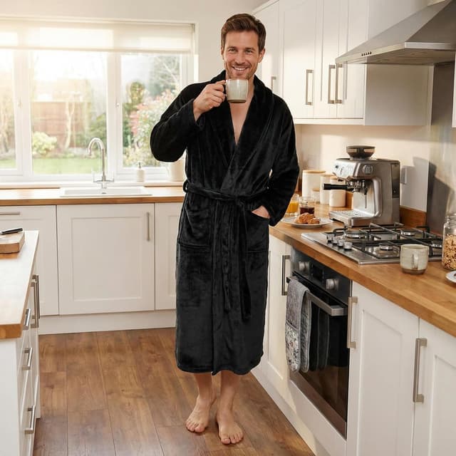 Detalle 2 de U2SKIIN Herren Fleece-Bademantel im Plüsch-Look – warm, weich und mit zwei großen Taschen