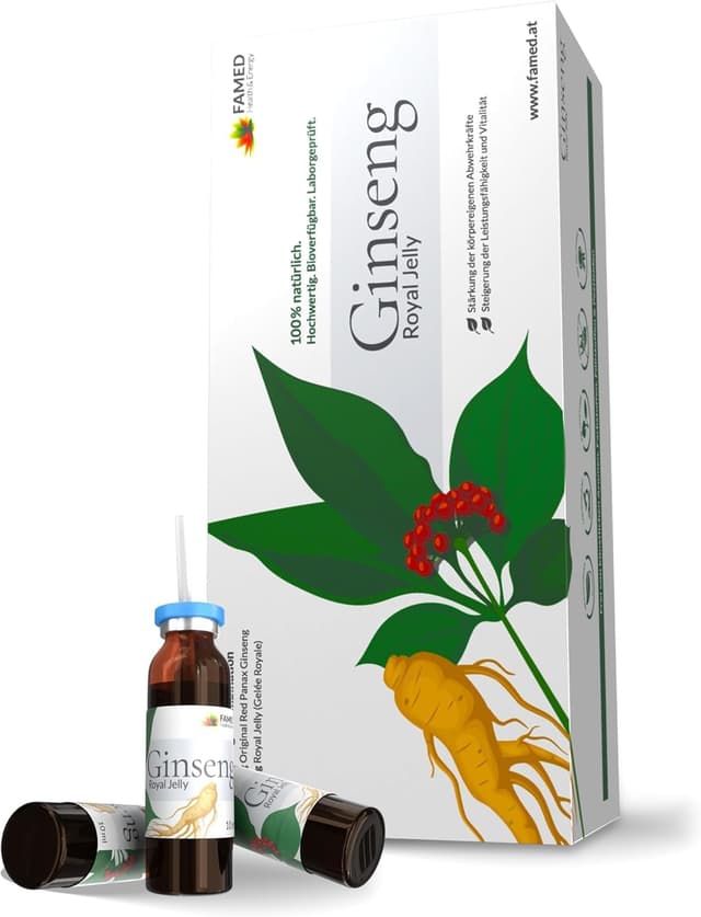 Detalle de Ginseng Royal Jelly von FAMED – 30 Trinkampullen mit reduziert Müdigkeit & Immunsystem- Unterstützung