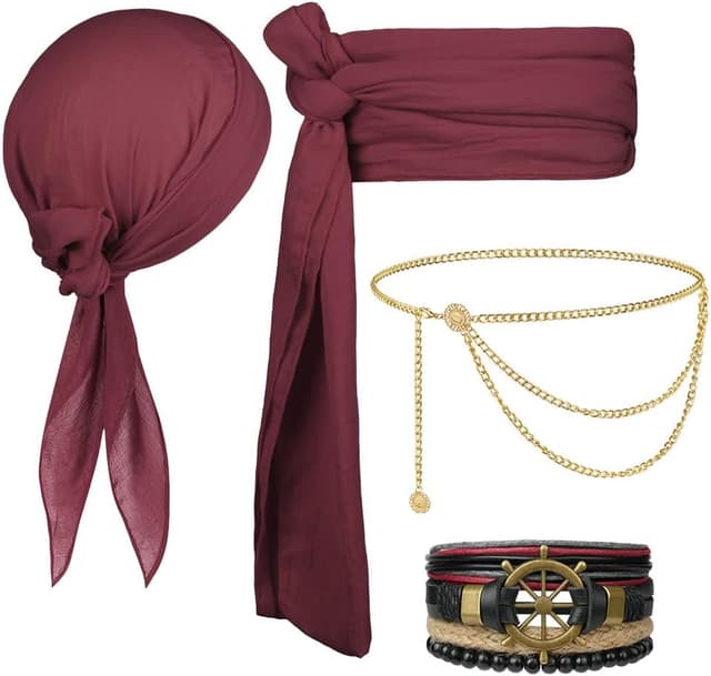 Detalle de Alaoo Kit Accessori Pirata da Capitano: bandana e cintura regolabili per costume