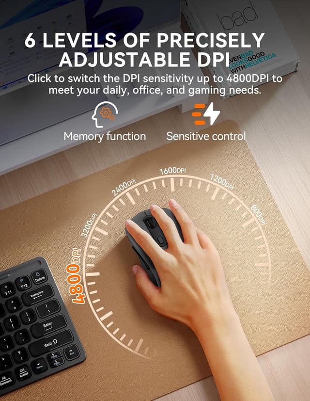 Detalle de TECKNET Tri-Mode Wireless Mouse for Laptop (Bluetooth 5.0/3.0 + 2.4G, 4800DPI, silent clicks)