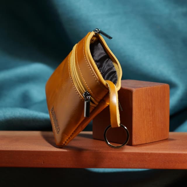 Detalle de BAWAKO Portamonete in vera pelle con 3 scomparti e mini portafoglio portachiavi (arancione)