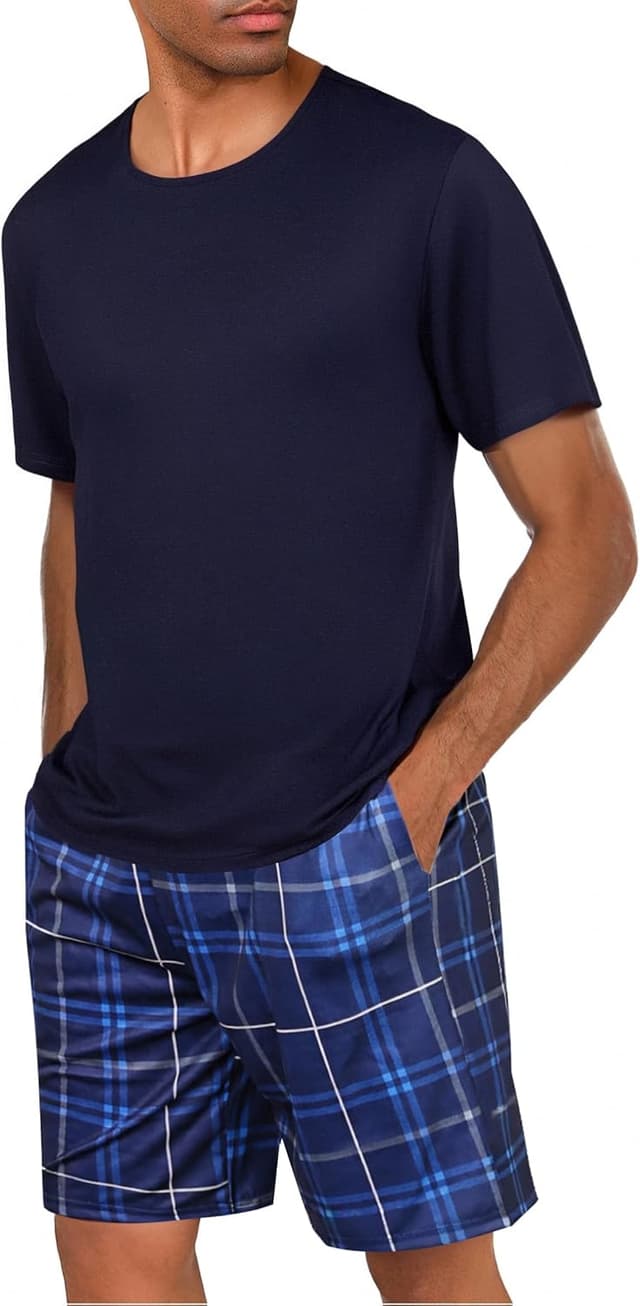 Detalle de Uniexcosm Herren-Schlafanzug aus Baumwolle (Kurz, zweiteilig) mit Karierthose – Kurzarm & verstellbarer Kordelzug