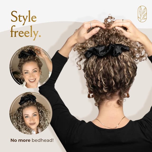 Detalle de Curlfriend Collective Silk Scrunchies for Women (XL Mulberry Silk Ponytail Holders) – Black