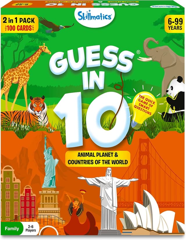 Detalle de Skillmatics Guess in 10 Animals & Countries Combo board game (50 animal cards, 50 country cards)
