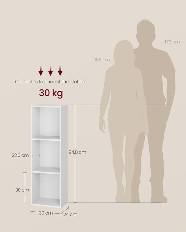 Detalle de VASAGLE Libreria a 3 ripiani aperta LBC433W01, bianco nuvola (24 x 30 x 94,8 cm)