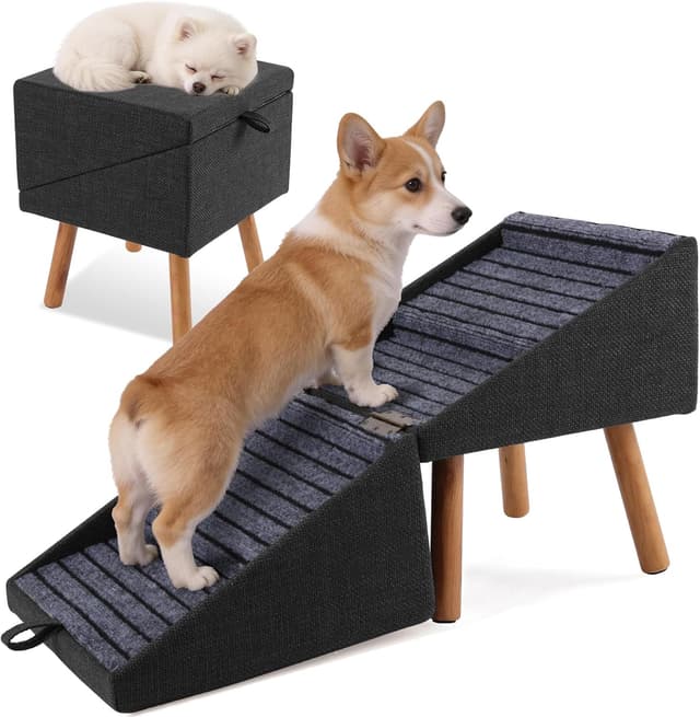 Detalle de Ziluce Hundetreppe für kleine Hunde (2-in-1-Trittleiter & Ottomane, schwarz) – zusammenklappbar