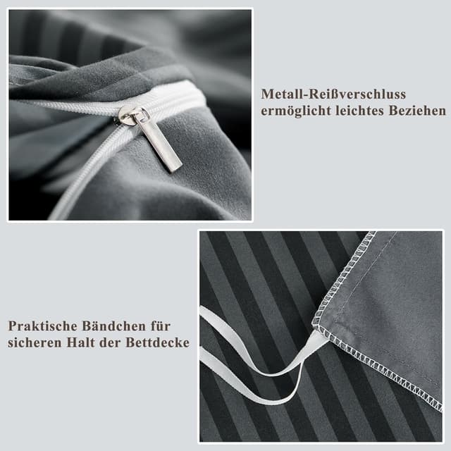 Detalle 2 de Aisbo Bettwäsche 135x200 4-teilig (Gestreift Anthrazit) mit Mikrofaser – Bettdeckenbezug & 2 Kissenbezüge