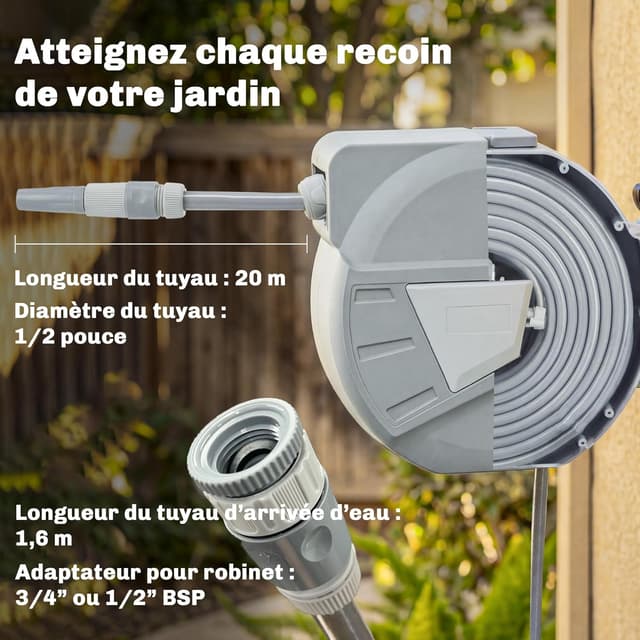 Detalle de Outsunny Enrouleur mural de tuyau d’arrosage 20+1,6 m pivotant à 180° avec buse 2 modes