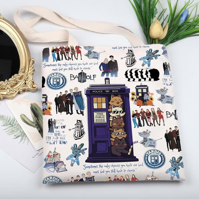 Detalle de BAUNA Dr TV Series Merchandise Tote Bag (Cats Doctors Police Box) – Whovian Cat In Space shoulder bag gift