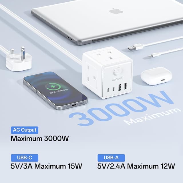 Detalle de 3M 3-Way Extension Lead with 4 USB (2 USB-A + 2 USB-C) and 3m Cable for Home Office