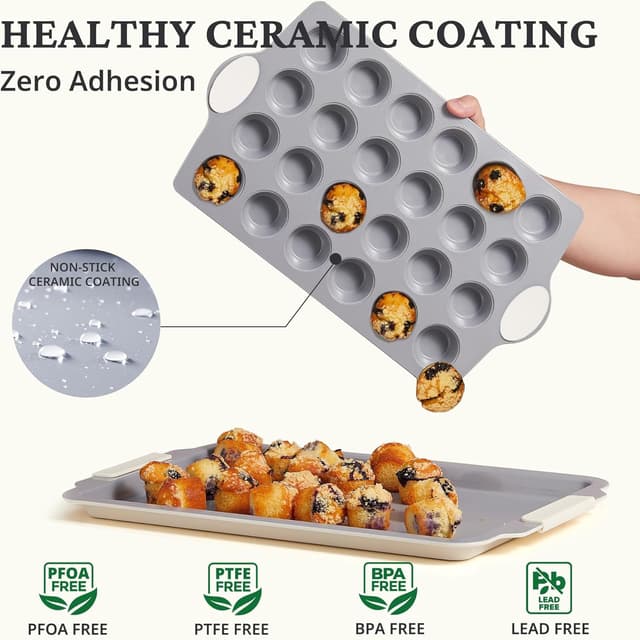 Detalle de BRONYPRO 24-Cup Nonstick Ceramic Mini Muffin Pan & Cupcake Tin (Cream White) — PFOA/PFAS-Free, Oven & Dishwasher Safe