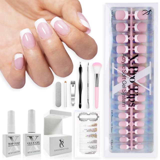 Detalle de SXC Cosmetics French Tip Press On Nails Pink Series (XS Square X-Pro Tips Starter Kit)