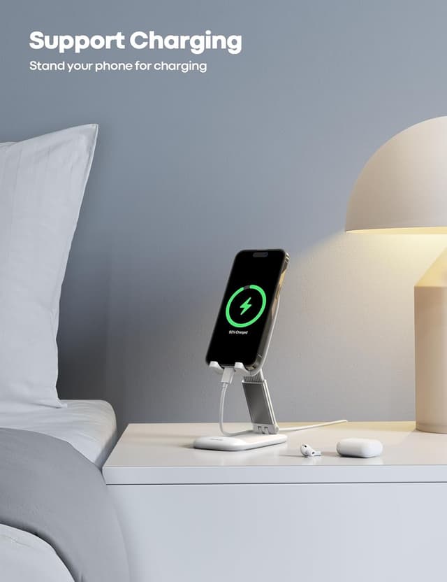 Detalle de Lamicall Adjustable Phone Stand for Desk (Foldable Metal Base) – White, for 4"–8" phones & tablets