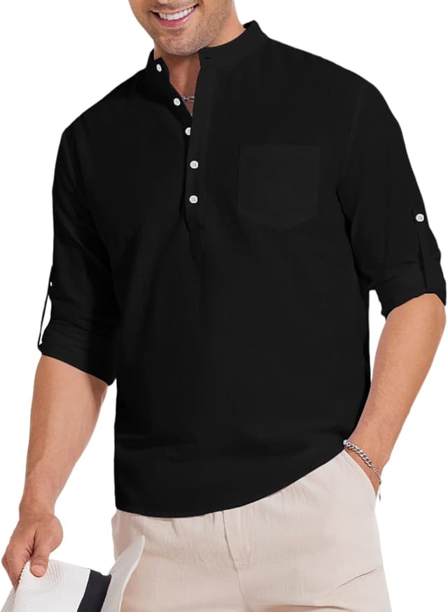 Detalle 2 de Chemise en lin homme YAOBAOLE à col Henley, manches longues – style décontracté d’été