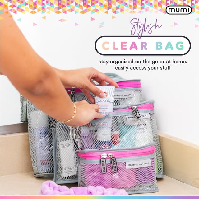 Detalle de MUMI Travel Toiletry Bag Set of 3 (Pink) — Clear, TSA-Approved Toiletry Pouches for Women