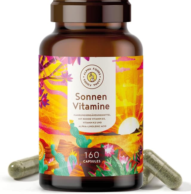 Detalle de Alpha Foods Vitamin D3 + K2 hochdosiert (4.000 IE) mit vitaMK-7 & pflanzlichem Omega-3 – 160 Kapseln