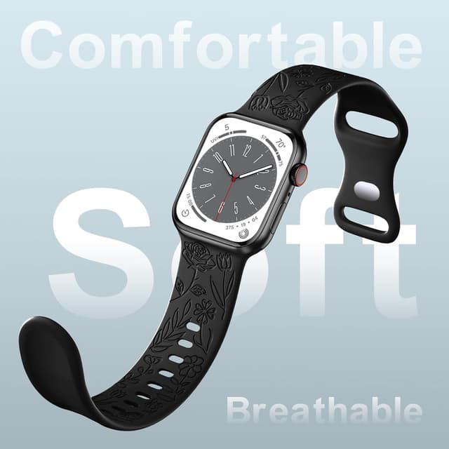 Detalle de Mastten Floral Engraved Strap for Apple Watch (38mm/40mm/41mm/42mm) — Rose Floral Soft Silicone Band, Black