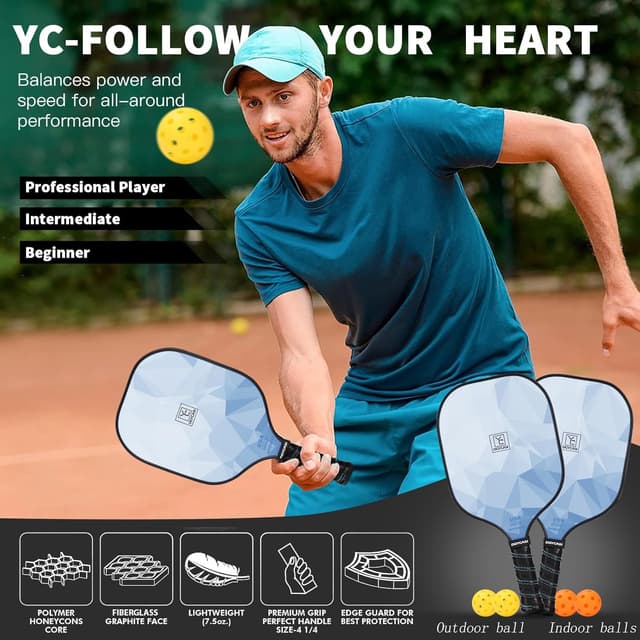 Detalle de YC DGYCASI Pickleball Paddles Set of 2 (2026 USAPA Approved) with Balls & Bag