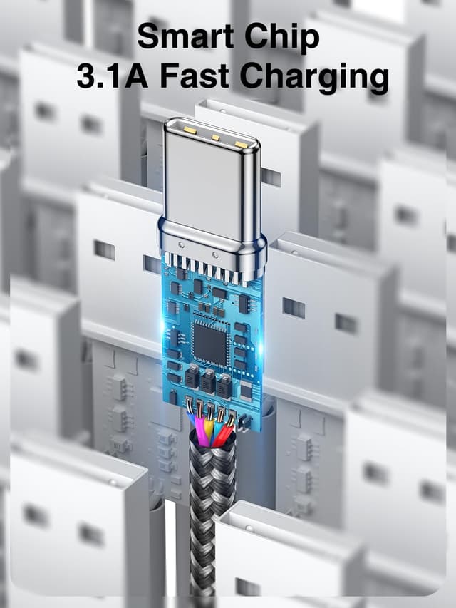 Detalle de Cavo USB-C 2x2 m con ricarica rapida 3.1A e nylon intrecciato per iPhone 17/16/15 Pro Max, Galaxy e Pixel