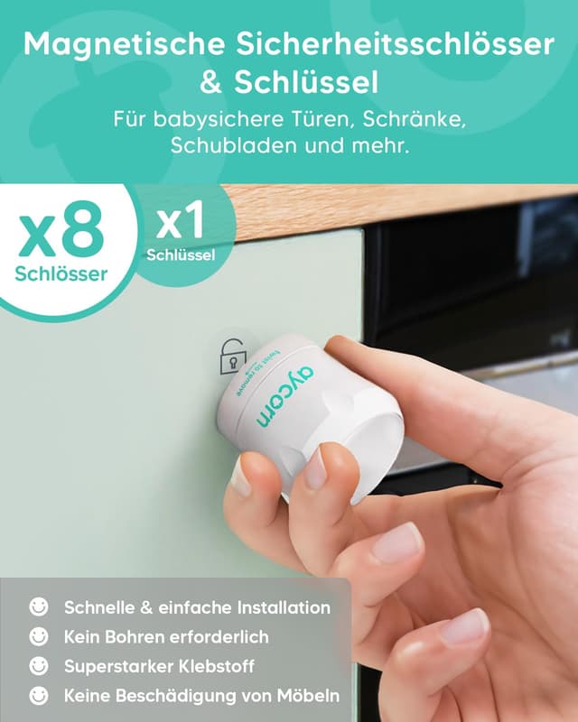 Detalle de Aycorn Kindersicherung Set (24 Teile) – magnetische Schrankschlösser, Eckschutz, Türstopper und Ofenschloss (ohne Bohren)