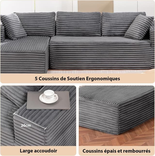 Detalle de COMHOMA Canapé d’angle en forme de L modulable 3 places en velours côtelé gris