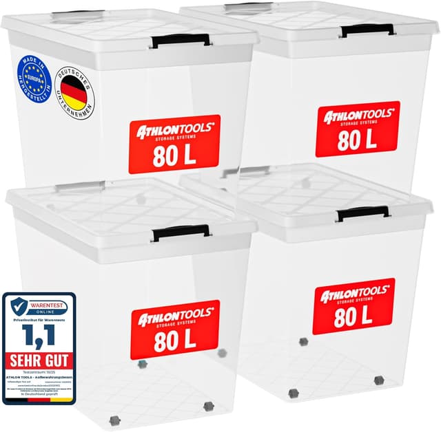 Detalle de ATHLON TOOLS 4x 80 L Aufbewahrungsboxen mit Deckel (transparent, stapelbar, lebensmittelecht)