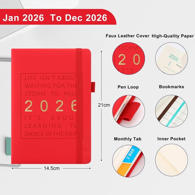 Detalle de 2026 A5 Page-a-Day Diary (Jan–Dec) with Monthly Tabs, Hardcover & Inner Pocket