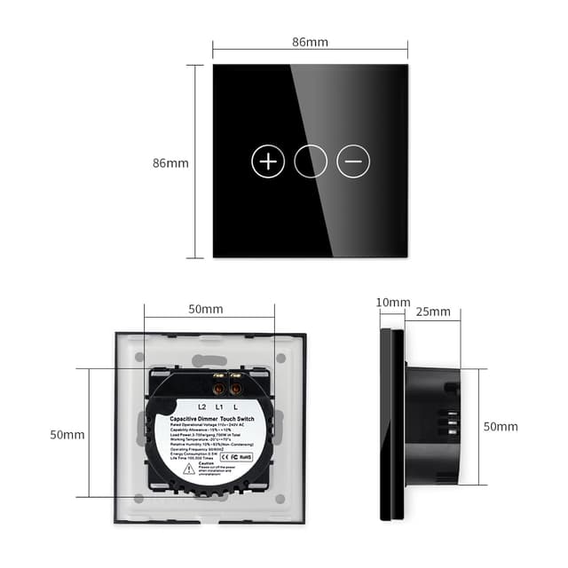 Detalle de LIAONFOY Normaler Touch Dimmschalter Unterputz (Glas-Touch, LED-Dimmer) 110–240V, 86 mm, schwarz