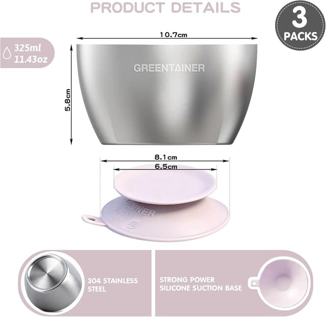 Detalle de Greentainer 304 Stainless Steel Baby Bowl Set (Pink) – Double-wall insulated toddler bowls with removable silicone suction base
