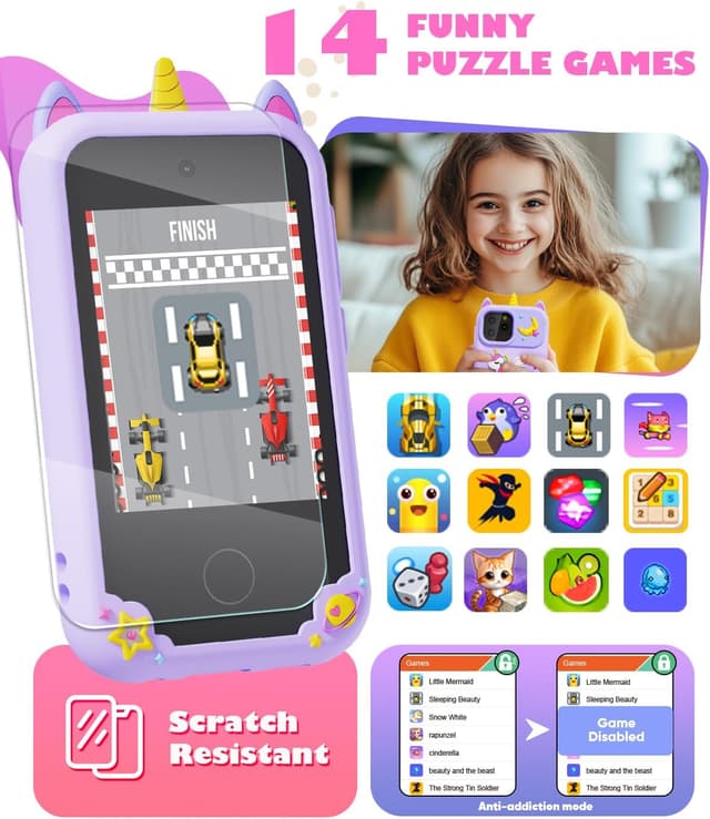 Detalle de Kids Phone Toys 2.8" dual-camera touchscreen learning toy (8GB SD card) – purple