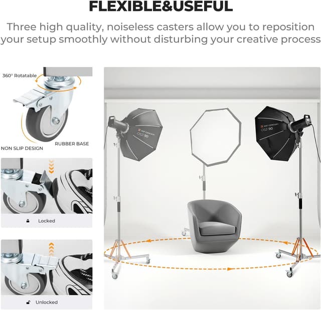 Detalle de K&F CONCEPT Heavy Duty Light Stand with Casters (10.5ft/320cm Adjustable Tripod)