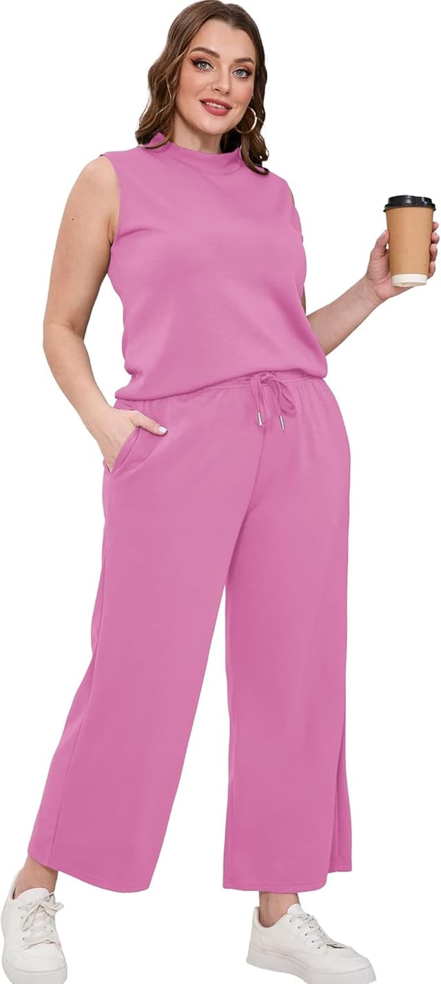 Detalle de SAMPEEL Two-Piece Women’s Summer Lounge Set with Mock Neck Top & Wide-Leg Crop Pants