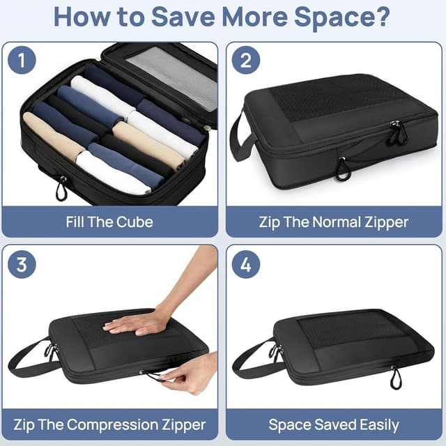 Detalle de Carttiya Compression Packing Cubes (Black) – Expandable travel organisers, 6-pack