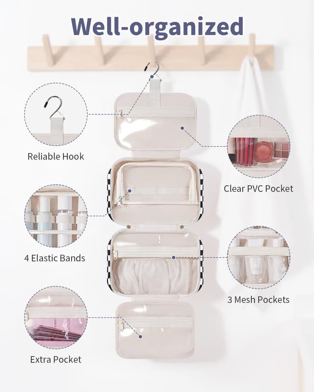 Detalle de Narwey Hanging Toiletry Bag (Large) with Compartments – Black Checkerboard Travel Wash Bag