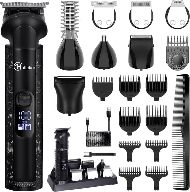 Detalle de Hatteker 8-in-1 Professional Men’s Grooming Kit (cordless zero-gapped T-blade trimmer + clipper + body, nose & ear trimmers), IPX7