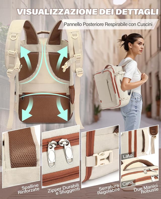 Detalle de VANKEV Zaino Ryanair 40x20x25 beige 20L con vano PC fino a 14 pollici