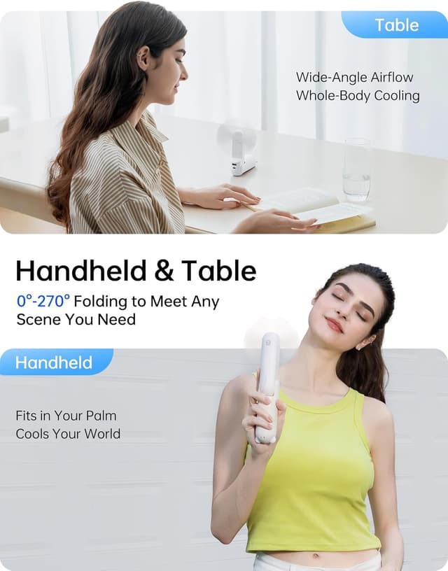 Detalle 2 de JISULIFE Handheld Fan with 4500 mAh Powerbank (Max 37 Hours Runtime) – Quiet Folding Pocket USB Fan in White