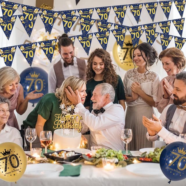 Detalle 2 de Blue Gold 70th Birthday Banner & Balloons Set (Navy Blue & Gold) with Triangular Bunting, Foil Balloon, Cake Topper