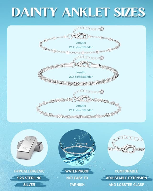 Detalle de CASSIECA Silber/Gold Fußkettchen Set (925 Sterling Silber) – verstellbar, stapelbar, wasserfest