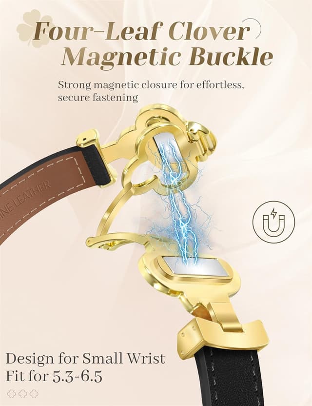Detalle 2 de MOINSPIRE Designer Slim Leather Watch Bands for Women with Four-Leaf Clover Magnetic Clasp (Lucky Clover)