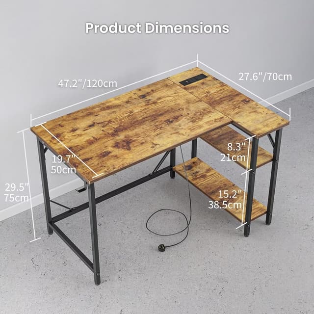 Detalle de DOMSHOCT 120 x 70cm Corner L-shaped computer desk with power outlets and reversible storage shelves (Rustic Brown)