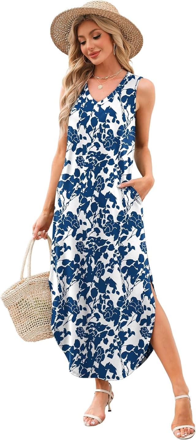 Detalle de Sampeel Summer Maxi Dress for Vacations & Beach Days with V-Neck, Side Slit, and Pockets