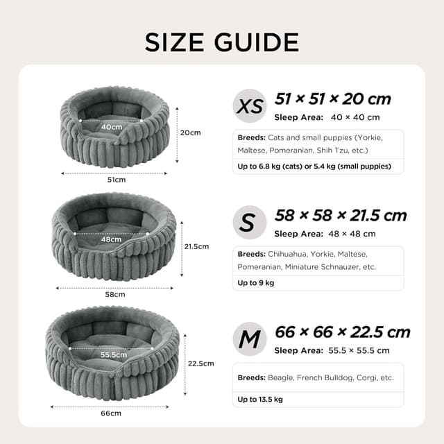 Detalle 2 de Bedsure Cat Bed Washable Kitten Bed, 58x58cm Grey Round Semi-Enclosed Corduroy Fleece