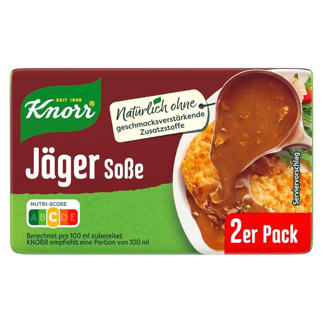 Detalle de Knorr Jäger Soße als braune Sauce ohne geschmacksverstärkende Zusatzstoffe, 2er Pack à 46 g (18 Portionen)