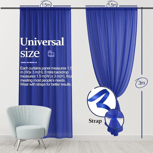 Detalle de EMART Blue Backdrop Curtains (tulle chiffon), 2-panel set for 3x3m stage & photo backdrops