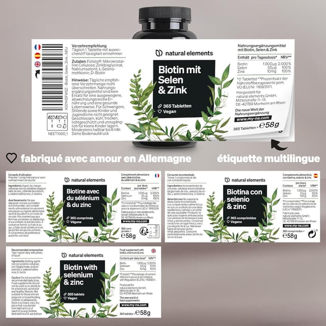 Detalle de Complexe Biotine 365 comprimés avec zinc 10 mg et sélénium 55 µg (1 an d’approvisionnement) — Vegan