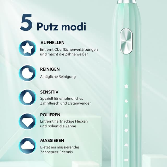 Detalle de DADA-TECH Schallzahnbürste mit 5 Putzmodi, Timer und 9 Zahnbürstenköpfen (Grün)