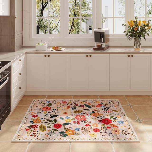 Detalle de Rugcomf 2x3 Indoor Door Mat Rug (Beige) – Machine Washable, Non-Slip Low Pile Boho Floral