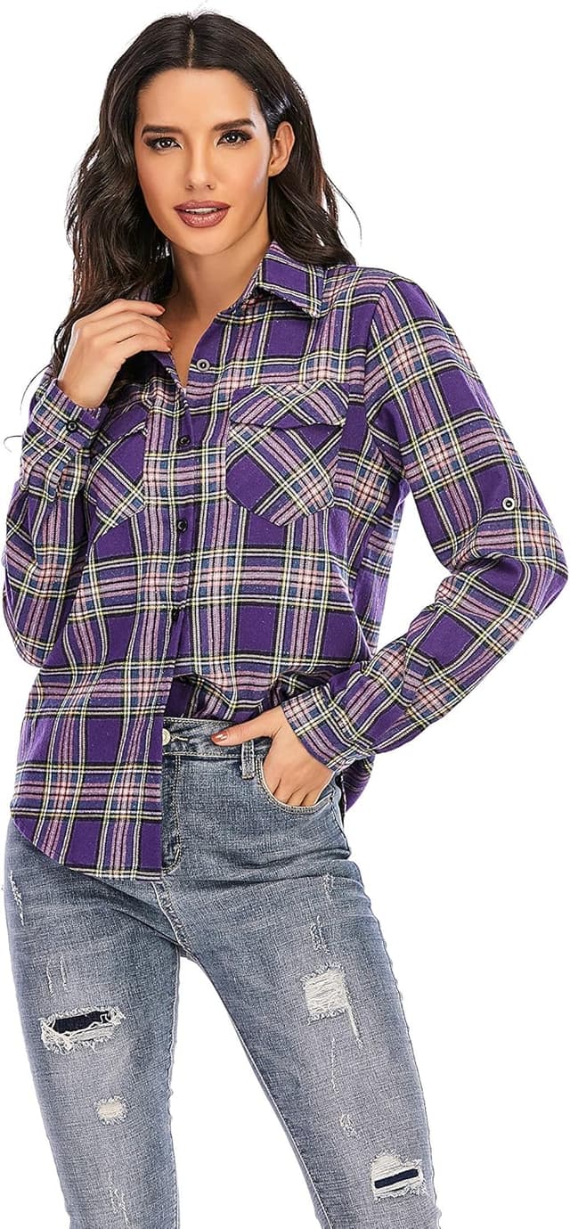 Detalle de 100% Cotton Women’s Flannel Plaid Shirt Blouse, Long Sleeve Button-Down Check Shirt (Boyfriend Casual Fit)