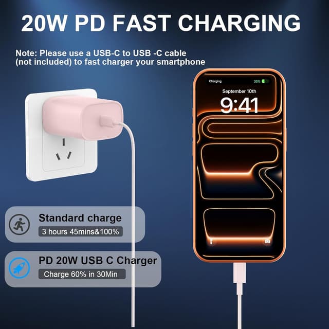 Detalle de 20W Phone 16/15 Fast Charger 2-Pack with 10FT USB-C Cable (Type C, USB C to C) Pink
